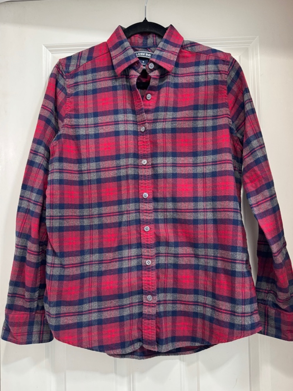 Lands' End Red and Navy Plaid Button-Down Shirt